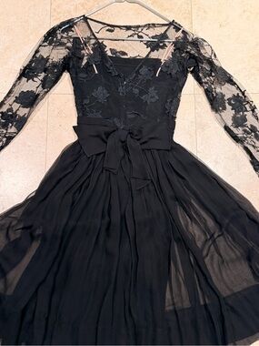 Vintage Suzy Perette Black Lace Long-Sleeve Chiffon Dress w Bow Detail